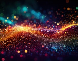Abstract Vibrant Energy: A mesmerizing wave of colorful particles shimmers and flows, creating an abstract, dynamic, and energetic visual spectacle with vibrant hues and sparkling lights.