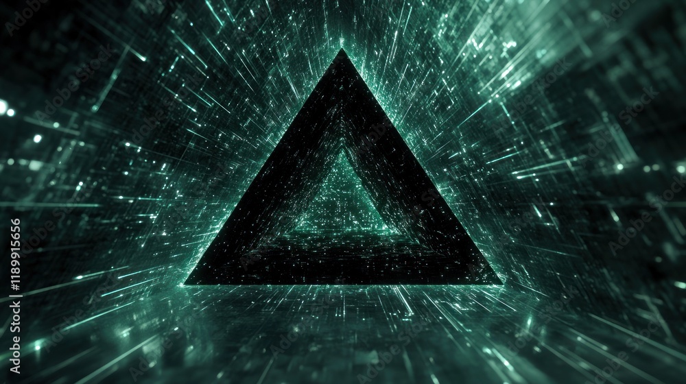 Poster abstract digital triangle tunnel: a journey into emerald data streams