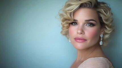Fototapeta premium Close-up portrait of a glamorous woman with short curly blonde hair, subtle makeup, and pearl earrings.