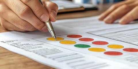 Evaluating performance metrics office setting document review professional environment close-up view data analysis