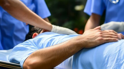 Obraz premium man, pain, back, medical, urgency, services, nurses, action, sports, stretcher, crisis, mobility, aid, effort, life, assistance, scrubs, swift, operation, movement, emergency, mobilizing, first, provi