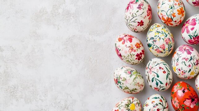 Easter eggs for Easter Day copy space for greeting text video in white background.