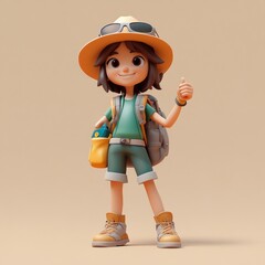 Playful young traveler girl in hat and backpack giving thumbs up on the road, cartoon style, pastel colors, summer adventure journey