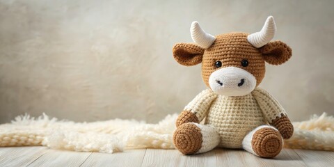 Fototapeta premium Soft Knitted Toy Bull - Adorable Plush Gift with Copy Space for Personalization, Perfect for Kids and Collectors, Ideal for Birthdays, Baby Showers, and Celebrations