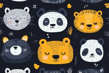 A seamless vector pattern with cute and funny animal faces, such as dogs, pandas, and lions, in a creative Scandinavian style, ideal for kids textiles and apparel designs
