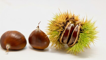 Sweet chestnuts in their prickly shells, ready for roasting.