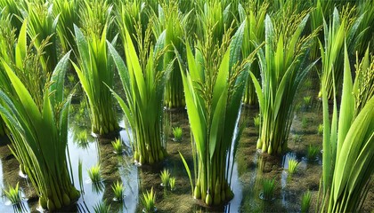 Obraz premium Lush green rice plants in wet field