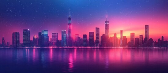 Vibrant Futuristic Cityscape with Skyscrapers and Reflection in Water during Colorful Sunset or Sunrise  Modern urban landscape with tall buildings lights and a beautiful natural sky