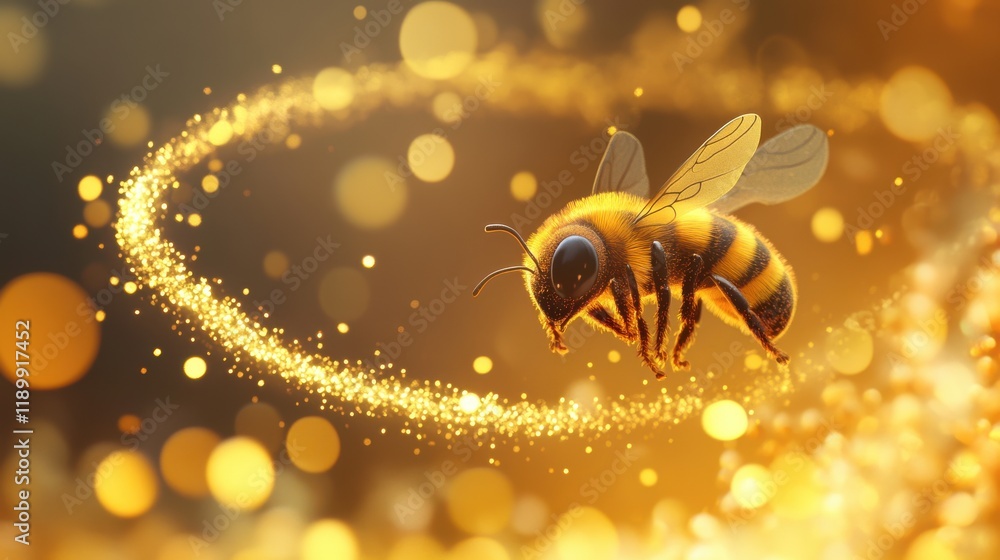 Poster bee in flight with golden bokeh background and sparkling effects