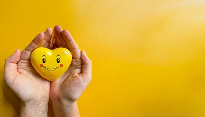 Smiling yellow heart held in caring hands against a vibrant yellow background.