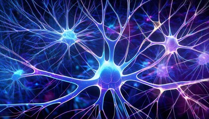 Intricate network of neurons, glowing in vibrant blues and purples.
