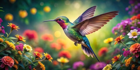 Fototapeta premium Stunning Drone Photography of a Hummingbird Made of Colorful Flowers in a Lush Garden, Vibrant Floral Art, Nature's Beauty, Wildlife, Aerial View, Creative Floral Design