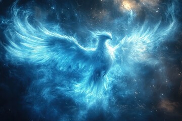 Majestic Ethereal Phoenix in Swirling Blue Smoke Illuminated by Moonlight