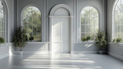 Fototapeta premium Elegant minimalistic gray interior with arched windows white molding and wooden floor