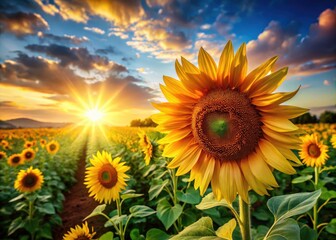 Obraz premium Stunning Sunflower Panorama: Golden Field, Summer Landscape, Bright Sunflowers, Vibrant Flowers, Nature Photography