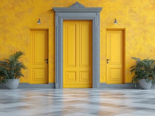 Fototapeta premium Three Open Doors on Bright Yellow Wall Interior Illustration