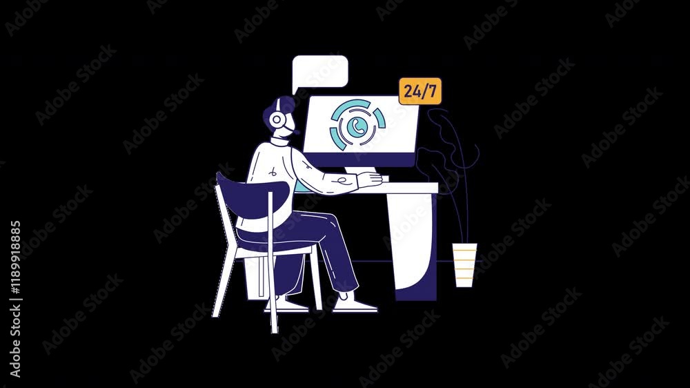 Aufkleber a person working at a computer in a modern workspace, highlighting a 24/7 support concept.
