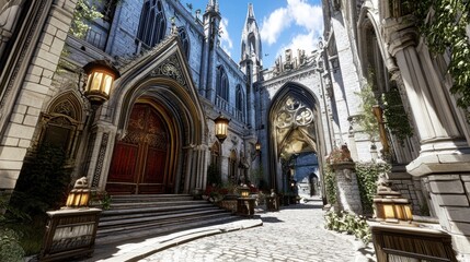 Gothic Cathedral Courtyard with Lanterns on a Sunny Day - A Scenic Architectural View