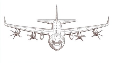 Detailed Line Art of Four-Engine Propeller Aircraft in Flight Perspective