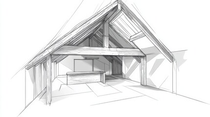 Sketch of Modern Interior of an Attic with Exposed Wooden Beams