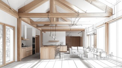 Modern Interior Design with Exposed Beams and Open Layout