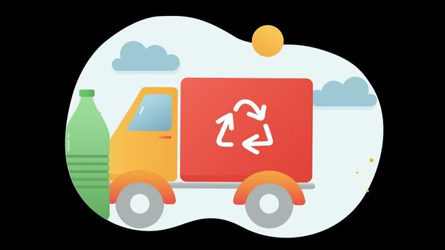 A colorful delivery truck symbolizing recycling, featuring a green bottle and blue clouds in a playful animation style.