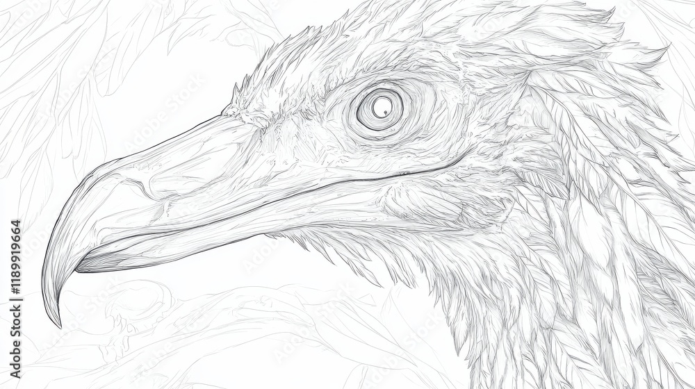 Poster detailed pencil sketch of a bird with intricate feather patterns