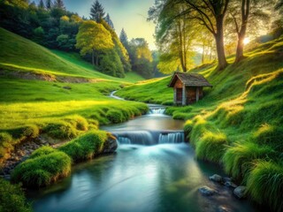 Surreal River Well Hill Landscape: Dreamlike Grassy Hills, Mystic Water