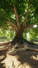 Obraz premium Ancient tree roots, summer sunlight, forest background, nature scene