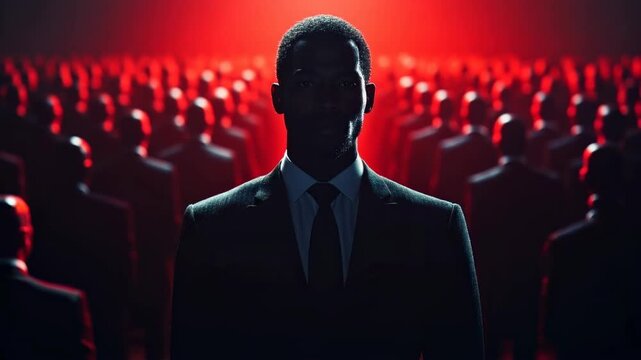 Mysterious Man in Suit Standing Before a Crowd Dramatic Lighting Red Background
