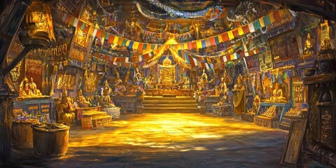 Obraz premium Richly Decorated Temple Interior with Golden Light and Colorful Flags