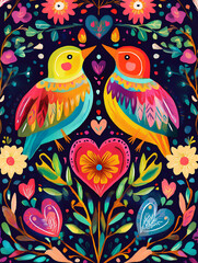 Obraz premium Two colorful birds face each other in a vibrant floral arrangement, hearts and flowers surrounding them in a cheerful display of love.