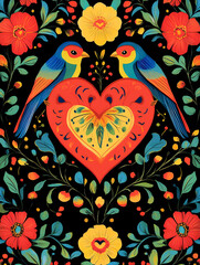 Fototapeta premium Two birds face each other in the center of a heart-shaped design surrounded by flowers.