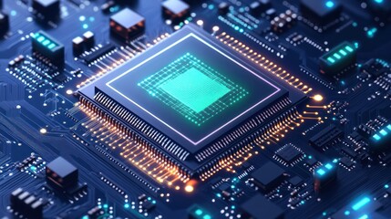 Fototapeta premium Close-up of a central processing unit (CPU) on a circuit board, glowing teal.