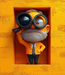 3D Cartoon Businessman with Telescope Looking into Future and Opportunities