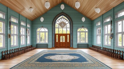 Obraz premium Serene Wooden Prayer Hall Featuring Ornate Rug and Expansive Windows for Tranquility