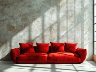 Minimalist Poster of Red Sofa Against Concrete Wall in Modern Scandinavian Interior Design for Creative Studio