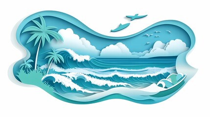 Vibrant Coastal Scene with Waves, Palm Trees, and Seabirds in a Stylish Paper-Cut Design Celebrating Nature's Beauty and Ocean Serenity