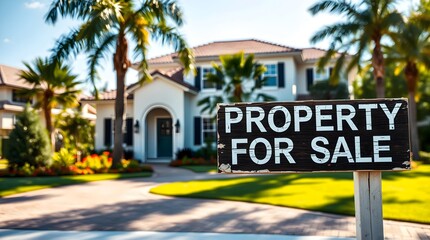 Classic 'For Sale' sign made from aged wood and blue lettering standing in front of a sunny tropical yard and luxury villa