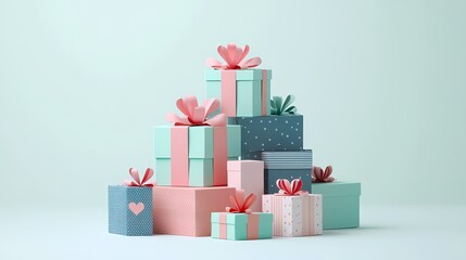 Colorful and Festively Wrapped Gift Boxes Stacked in a Creative Arrangement Against a Soft Mint Background for Holiday or Celebration Themes