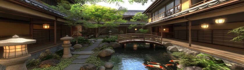 Serene Japanese Garden with Koi Pond and Wooden Bridge Surrounded by Lush Greenery