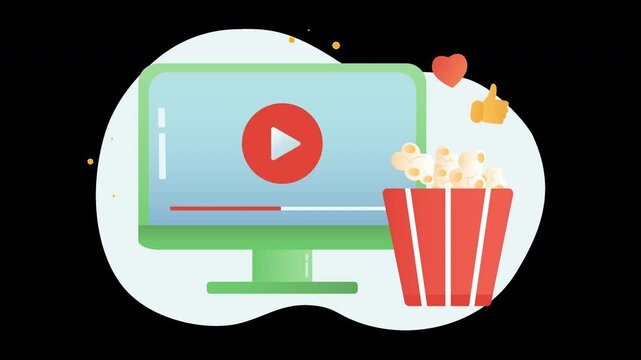 A cartoon illustration of a computer screen with a play button and a popcorn bucket, representing movie watching.