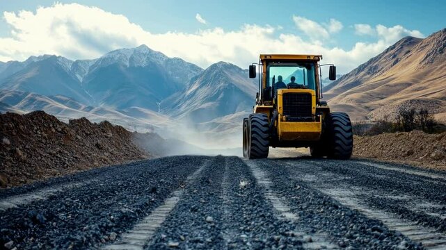 Yellow Grader on Mountain Road Construction Gravel Road Heavy Machinery
