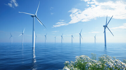 An off-shore wind farm in the ocean, wind turbines standing on pillars in the water, blue sky