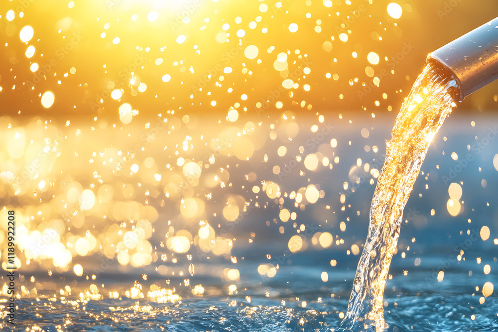 Poster A shimmering stream of water flows from a pipe, creating sparkling droplets in the warm glow of sunlight