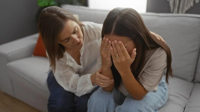 Woman comforting crying daughter on couch in home, showcasing family love and support in an indoor setting, capturing intimate family moment between two women in living room