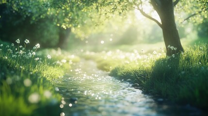Sunlit stream flows through lush green meadow, wildflowers.