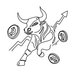 line art depicting a symbolic bullish bitcoin market represented by a charging bull, bitcoins, and an upward arrow graph. Perfect illustration for cryptocurrency growth and financial market concepts