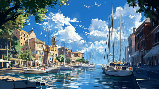 ヨーロッパの港町と青空｜帆船と街並みの夏の風景｜デジタルアート