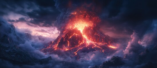 Naklejka premium Fiery volcanic eruption amidst dramatic, dark clouds and mountain peaks.